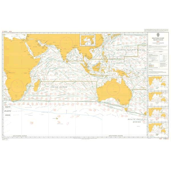 Admiralty Routeing Chart 5126(5): Indian Ocean - May is a nautical chart by Admiralty for navigation and passage planning, showing continents, islands, currents, routes, and inset maps with yellow land and white sea with blue markings.