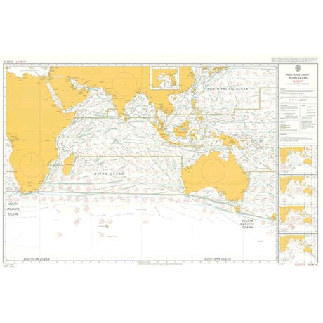 The Admiralty Routeing Chart 5126(8): Indian Ocean - August is a maritime navigation chart by Admiralty showing the Indian and Pacific Oceans, yellow coastlines, ocean passages, shipping routes, compass roses, and English routeing data.