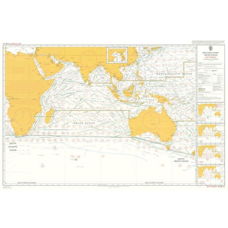 Admiralty Routeing Chart 5126(9): Indian Ocean - September by Admiralty displays major ocean passages, navigation routes, maritime boundaries, continents in yellow, navigational markings, and includes insets and supplemental charts on the right.