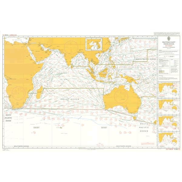 Admiralty Routeing Chart 5126(10): Indian Ocean - October by Admiralty shows navigation details, shipping routes, currents, and coastlines in the Indian and Pacific Oceans with detailed insets.