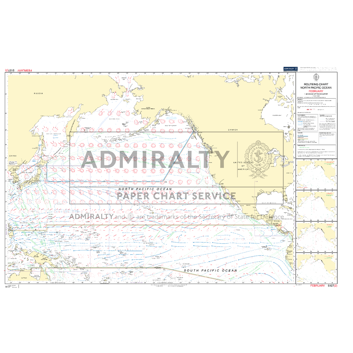 Admiralty Routeing Chart 5127(2): North Pacific Ocean - February by Admiralty. Features ocean currents with arrows, navigation info, continents and islands, detailed legends, and an "ADMIRALTY PAPER CHART SERVICE" watermark across the map.
