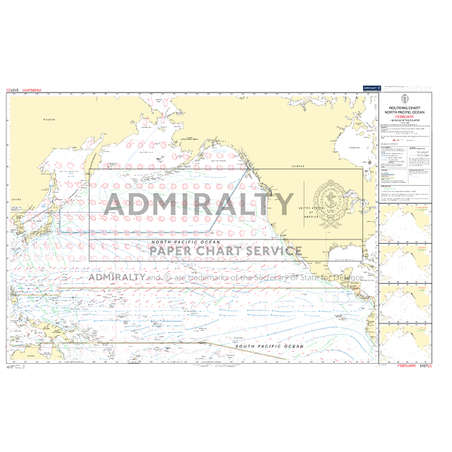 Admiralty Routeing Chart 5127(2): North Pacific Ocean - February by Admiralty. Features ocean currents with arrows, navigation info, continents and islands, detailed legends, and an "ADMIRALTY PAPER CHART SERVICE" watermark across the map.