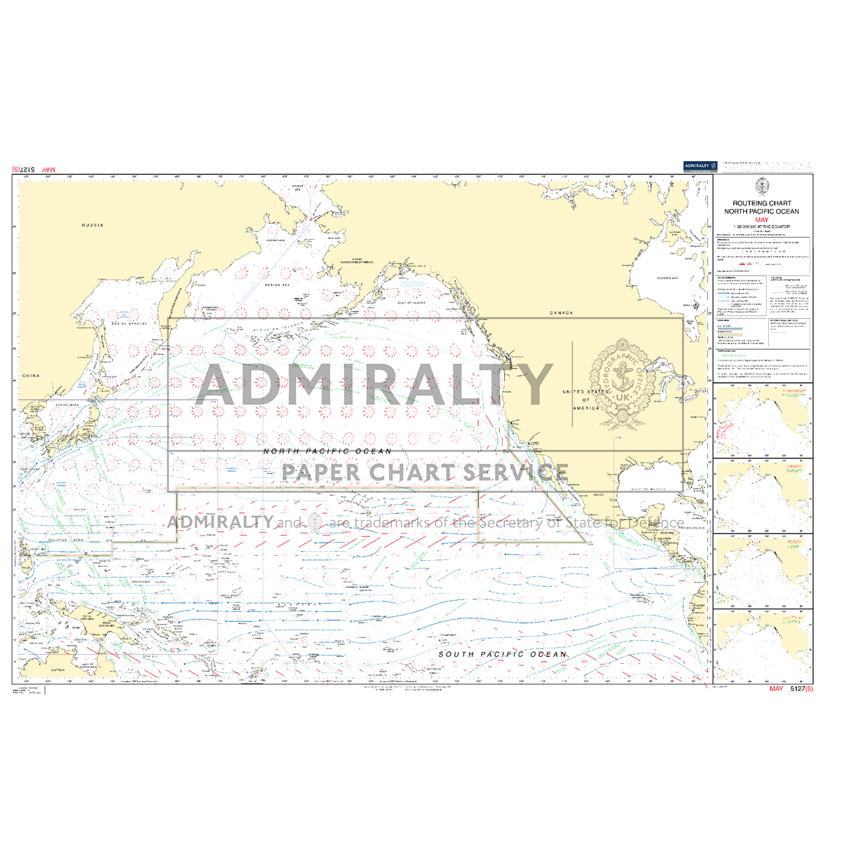 Admiralty Routeing Chart 5127(5): North Pacific Ocean - May by Admiralty is a nautical chart for navigation, showing currents, latitudes, landmasses, and a legend. Features UK Hydrographic Office seals and official text.