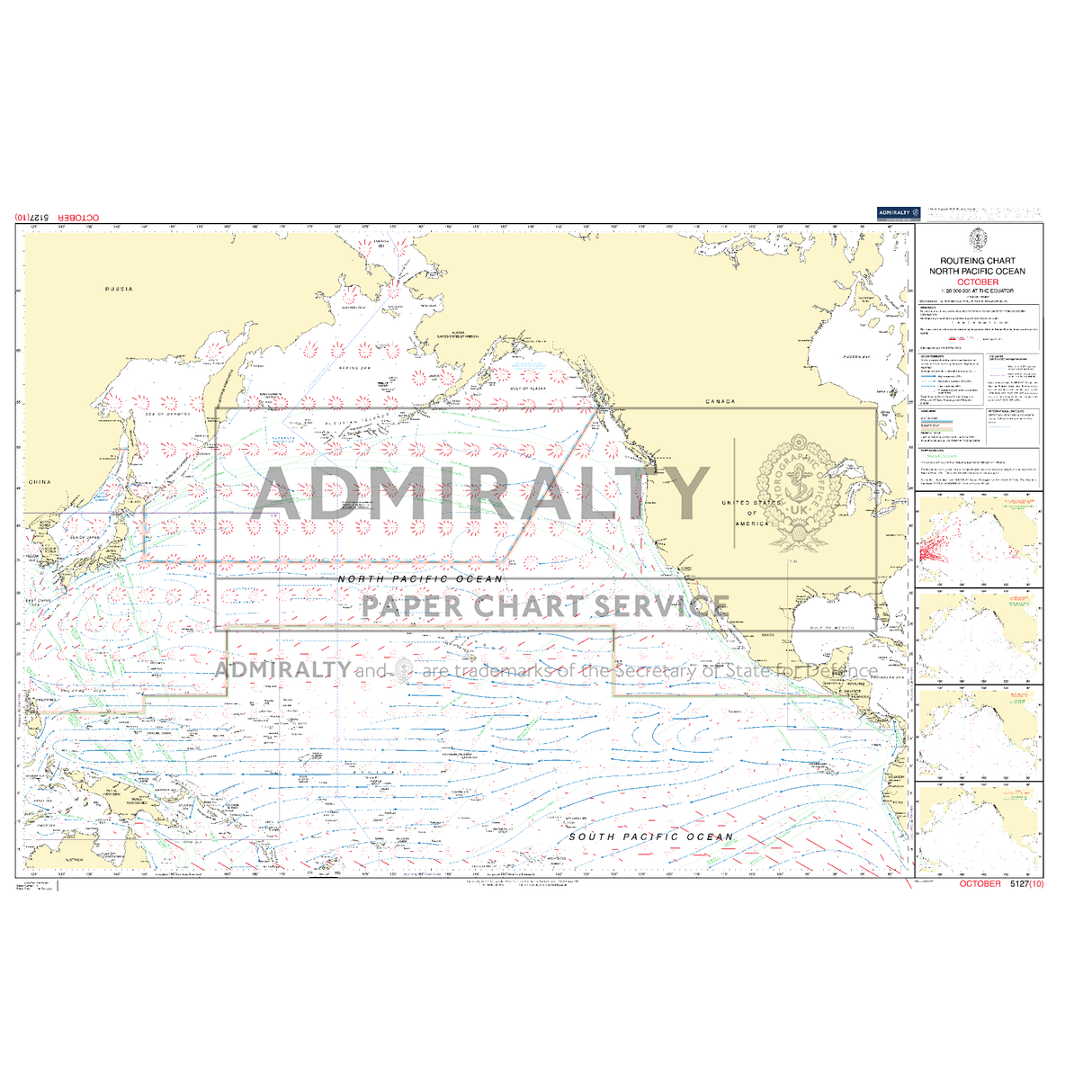 Admiralty Routeing Chart 5127(10): North Pacific Ocean - October by Admiralty shows ocean currents, coastlines, islands, and key areas. Includes title, legend, landmass labels, and watermark "ADMIRALTY PAPER CHART SERVICE." Ideal for navigation.