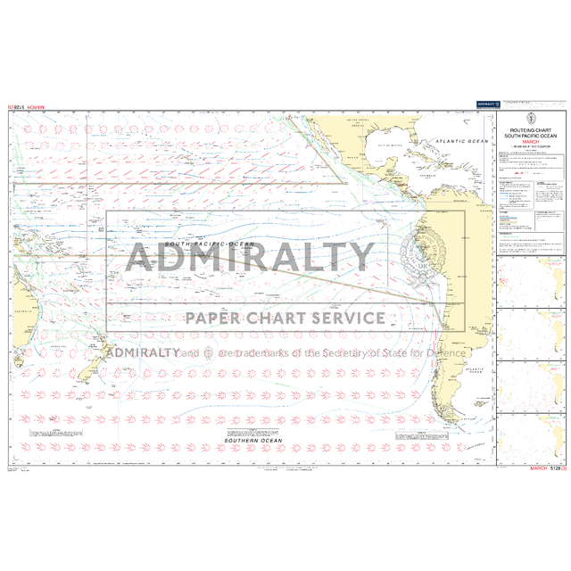 Admiralty Routeing Chart 5128(3): South Pacific Ocean - March displays major ocean passages, wind patterns, currents, coastal outlines, islands, and navigational info with arrows and colored lines. Essential for route planning. Brand: Admiralty.