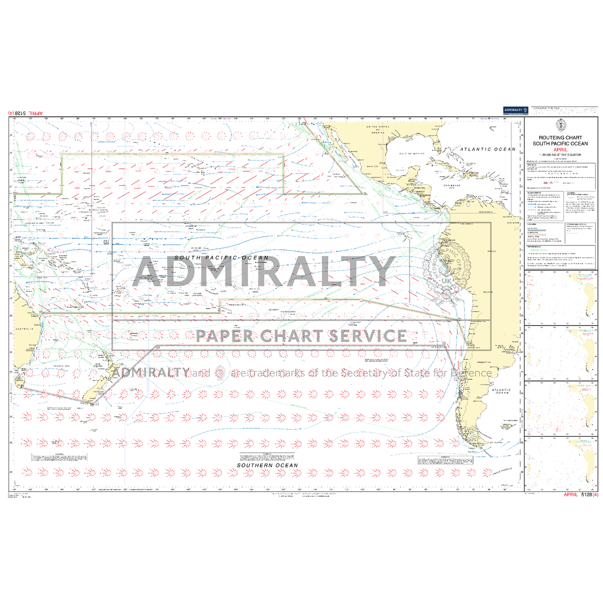 Admiralty Routeing Chart 5128(4): South Pacific Ocean - April provides ocean passages, shipping routes, navigation data, currents, wind directions, coastal outlines, labels, a legend, and route info. Brand: Admiralty.