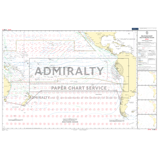Admiralty Routeing Chart 5128(4): South Pacific Ocean - April provides ocean passages, shipping routes, navigation data, currents, wind directions, coastal outlines, labels, a legend, and route info. Brand: Admiralty.
