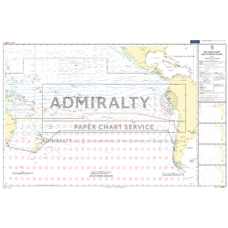 Admiralty Routeing Chart 5128(7): South Pacific Ocean - July by Admiralty displays wind, current patterns, arrows, labels, and map coordinates with marked islands and landmasses—perfect for ocean navigation and shipping route reference.