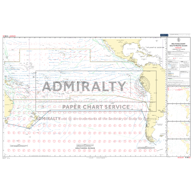 Admiralty Routeing Chart 5128(8): South Pacific Ocean - August by Admiralty displays shipping routes, ocean currents, wind patterns, coasts, and major landmasses like South America, Australia, and New Zealand.