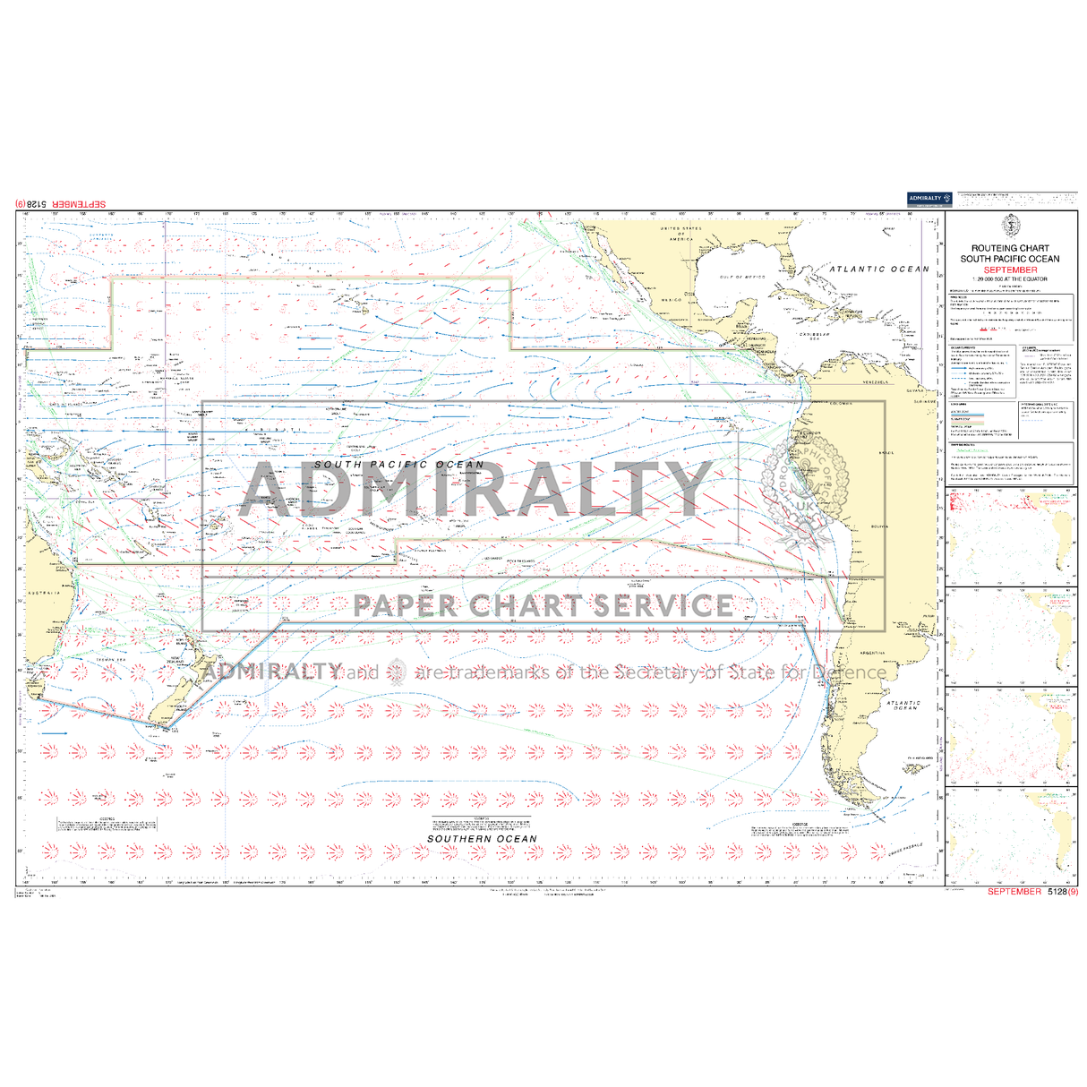 Admiralty Routeing Chart 5128(9): South Pacific Ocean – September details ocean currents, winds, navigation routes, labeled landmasses, and islands. Includes comprehensive navigational info with Admiralty branding.