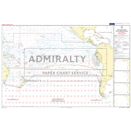 Admiralty Routeing Chart 5128(9): South Pacific Ocean – September details ocean currents, winds, navigation routes, labeled landmasses, and islands. Includes comprehensive navigational info with Admiralty branding.