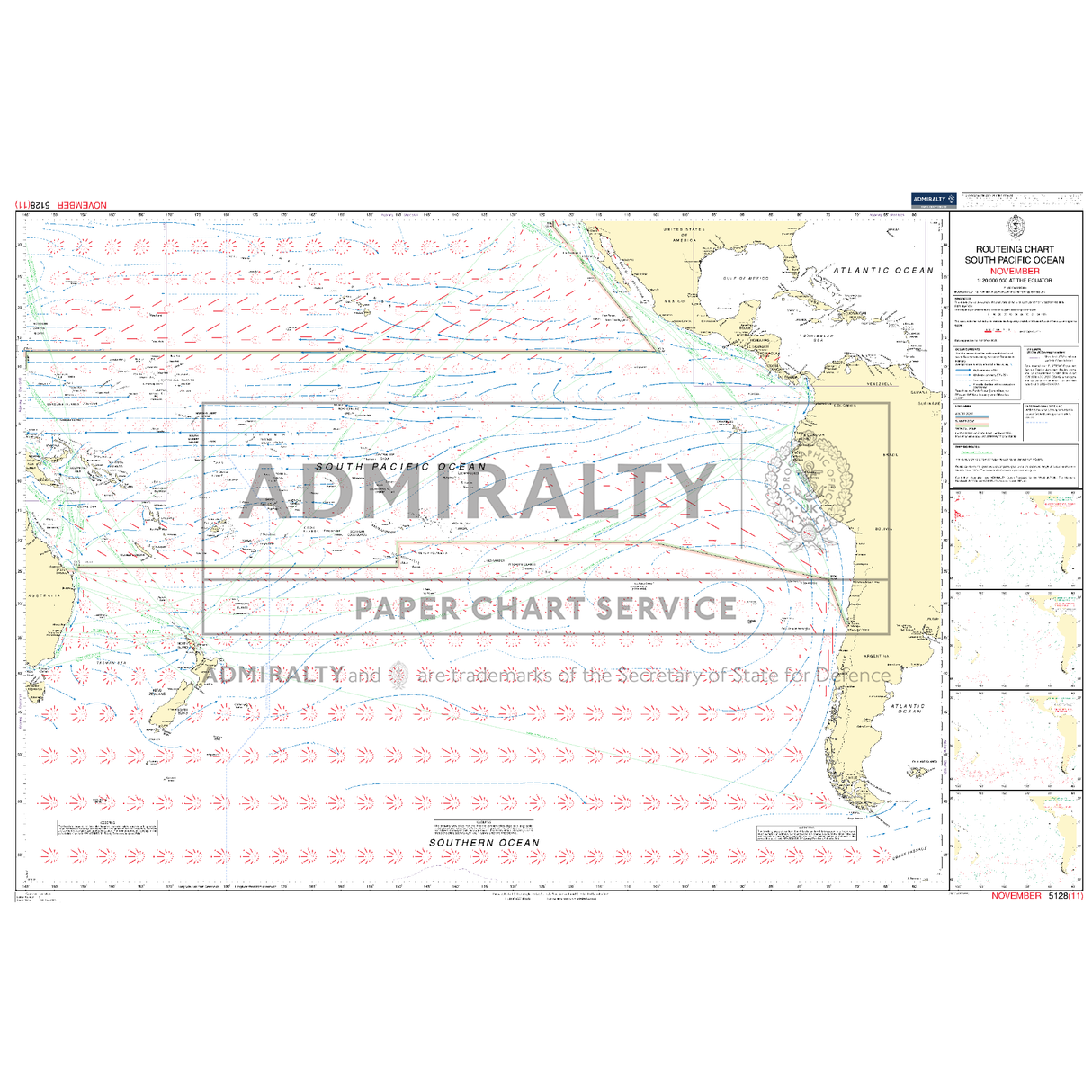 Admiralty Routeing Chart 5128(11): South Pacific Ocean - November shows currents, winds, shipping routes, and coastlines—ideal for passage planning or as a reference with other Admiralty navigation charts.