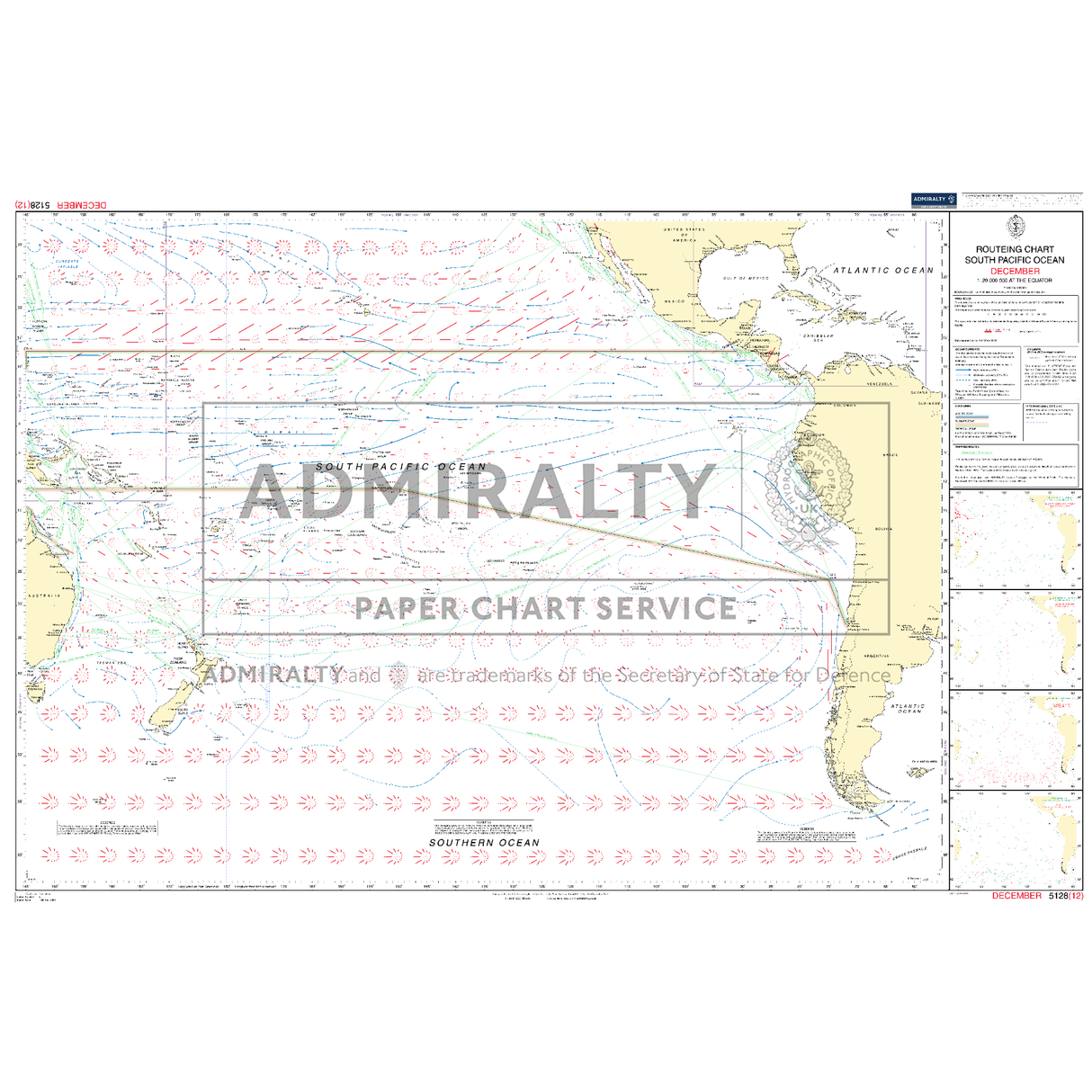 The Admiralty Routeing Chart 5128(12): South Pacific Ocean - December by Admiralty shows shipping routes, ocean currents, prevailing winds, and key sea lanes with detailed overlays for accurate navigation near Australia, New Zealand, and South America.