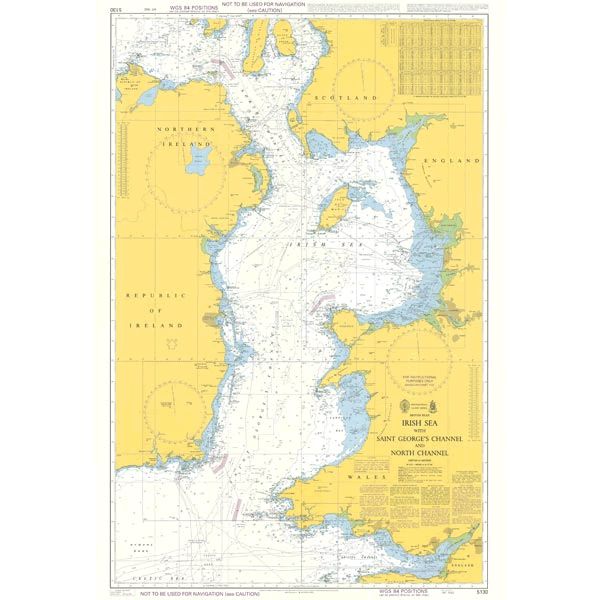 The Admiralty Instructional Chart 5130, from the renowned Admiralty brand, provides a detailed nautical chart of the Irish Sea, along with Saint George's Channel and North Channel. This comprehensive map features precise geographical markings and highlights the coasts of Ireland, Northern Ireland, Scotland, and Wales. Additionally, it includes navigational information compliant with SOLAS regulations and outlines commercial shipping routes.