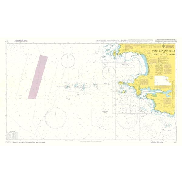 The Admiralty Instructional Chart 5131, spanning from Saint Govan's Head to Saint David's Head, illustrates the coastline and includes comprehensive maritime navigation details such as depths, coastal features, and navigational aids crucial for commercial shipping routes. The land on the right side is highlighted in yellow with various annotations.