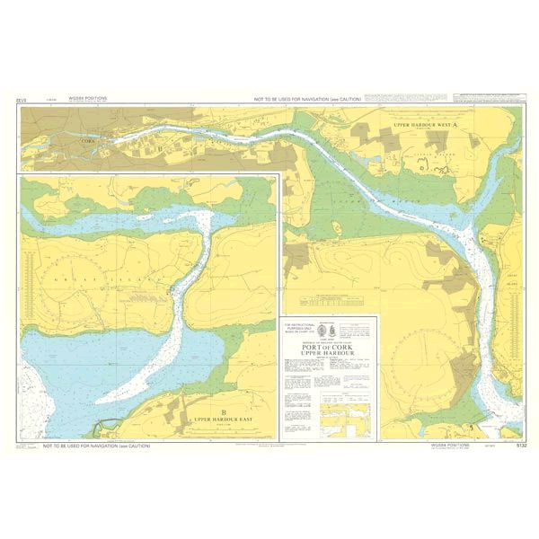 The Admiralty Instructional Chart 5132 | Port of Cork Upper Harbour, created by Admiralty, offers a comprehensive nautical chart detailing the Port Huron to Ecorse route in Michigan. It highlights water depths, navigation aids, and surrounding land areas. The chart complies with SOLAS regulations and features a yellow background for land areas, blue waterways, and green land areas, along with detailed annotations and coordinates.