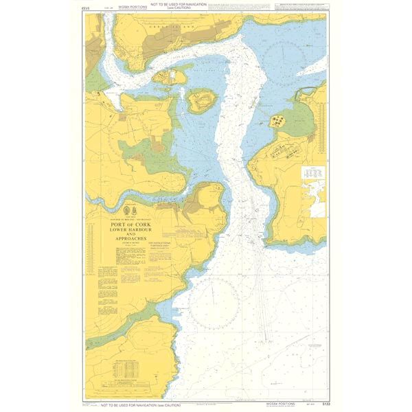 The Admiralty Instructional Chart 5133 | Port of Cork Lower Harbour and Approaches provides a detailed nautical chart depicting the Port of Cork and its approaches. It features various water depths, navigational aids, land elevations, and sea routes. Marked areas include coastal navigation details, waterway specifics, and harbor information. ADMIRALTY Standard Nautical Charts clearly denote navigational hazards.