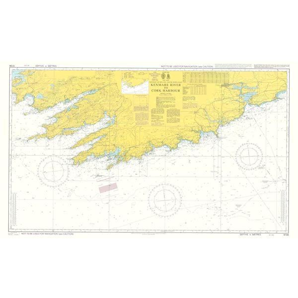 Admiralty Instructional Chart 5134 | Kenmare River to Cork Harbour by Admiralty offers a detailed representation of the coastal terrain, water depths, and navigational markers. This chart features topographical details, scale bars, and essential navigation symbols for maritime navigation and sea travel, complying with SOLAS regulations.