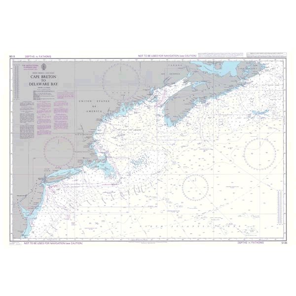 The Admiralty Instructional Chart 5135, titled "Cape Breton to Delaware Bay," illustrates the eastern coastline of Canada and the United States. This chart, created by Admiralty, includes coastal details, navigation aids, and various maritime notations. Following ADMIRALTY Standard Nautical Charts, it provides depth contours, SOLAS regulations, and commercial shipping routes.