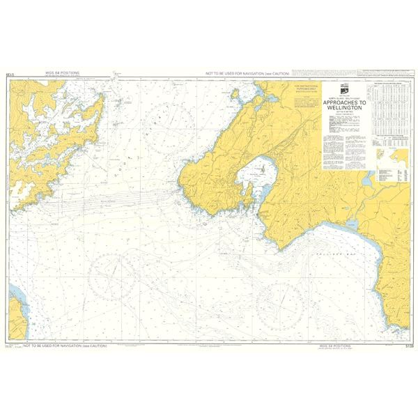 The Admiralty product, titled "Admiralty Instructional Chart 5139 | Approaches to Wellington," depicts the coastal waters near Wellington. It features depth markings and navigation aids, with land areas shown in yellow. Detailed shoreline contours and maritime features are indicated for safe navigation, adhering to ADMIRALTY Standard Nautical Charts.