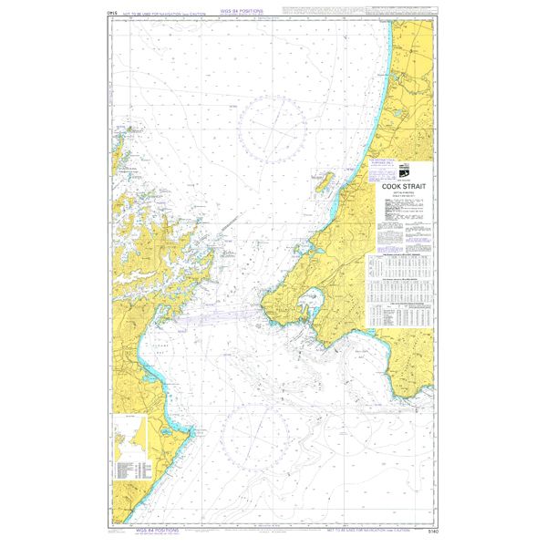 Admiralty Instructional Chart 5140 | Cook Strait by Admiralty showcases detailed coastal outlines, depths, navigational aids, and hazards in the Cook Strait. The chart features segments of the North and South Islands of New Zealand, with land areas highlighted in yellow and underwater topography in light blue. Clearly marked commercial shipping routes are also included.