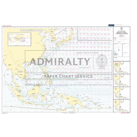 Admiralty Routeing Chart 5141(1): Malacca Strait to Marshall Islands – January shows the North Pacific, including Southeast Asia, the Philippines, and Marshall Islands, with navigational info and "ADMIRALTY PAPER CHART SERVICE" watermark.