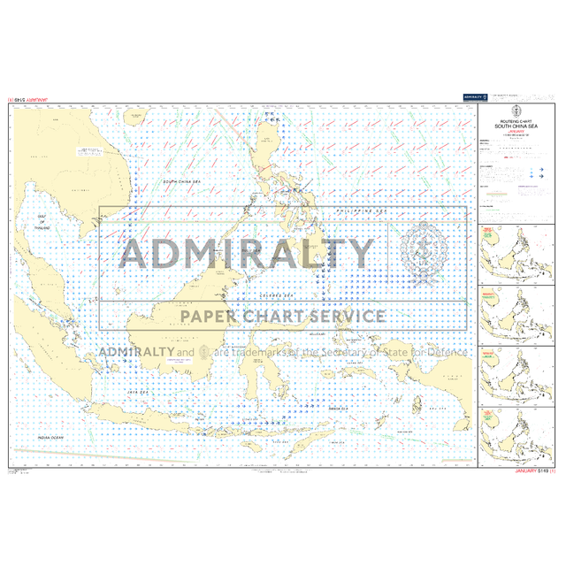 Admiralty Routeing Chart 5149(1): South China Sea - January by Admiralty shows Southeast Asia and parts of Australia, water depths, routes, and compass directions, with "ADMIRALTY PAPER CHART SERVICE" from the UK Hydrographic Office.