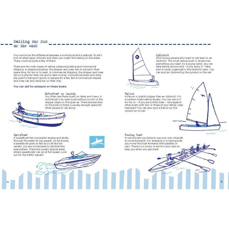 A page from "All Hands on Deck," published by Adlard Coles, showcases a variety of watercraft designed for young sailors, including a motorboat, a commercial boat, a rowing boat, an Optimist dinghy, and a Falcon yacht. The page features both text and images that explore the different uses of these vessels in various boating activities.