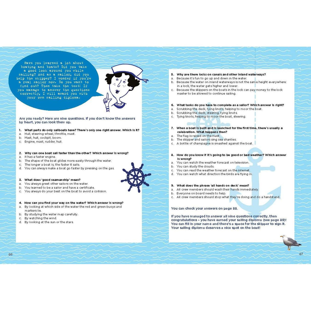 The "All Hands on Deck" page by Adlard Coles showcases a blue ocean and sailboat theme with a quiz designed for young sailors, featuring multiple-choice questions about boating and navigation. Decorative anchors and a ship wheel enhance the allure of boat activities as engaging visual elements.