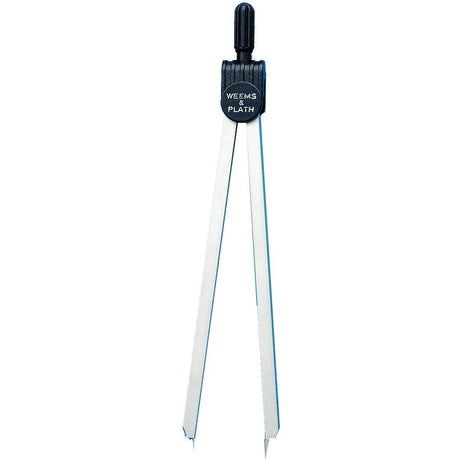 The Weems & Plath 6" Matte Nickel Fixed Point Divider is a nickel-plated brass tool with sharp pointed legs and a black adjustment knob, ideal for taking precise measurements on nautical charts.