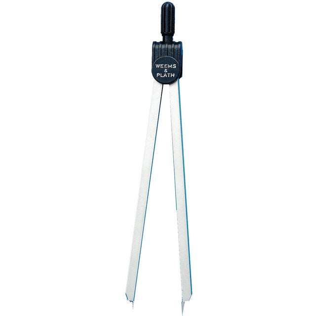 The Weems & Plath 6" Matte Nickel Fixed Point Divider is a nickel-plated brass tool with sharp pointed legs and a black adjustment knob, ideal for taking precise measurements on nautical charts.