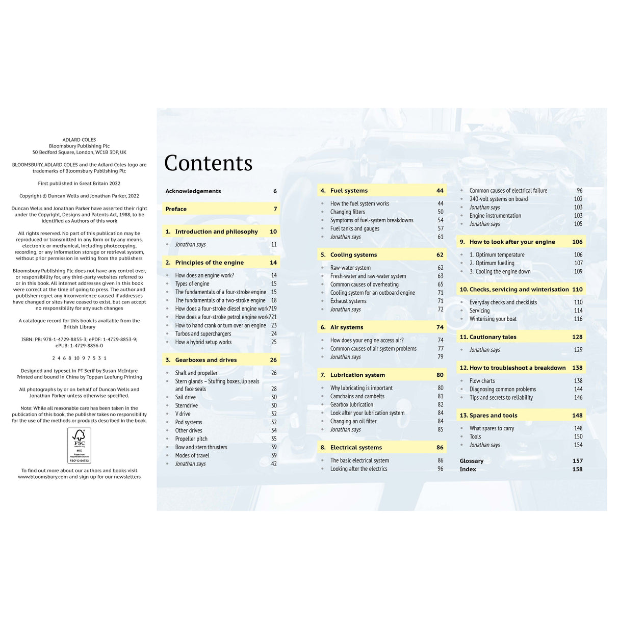 The contents page of "Stress-Free Engine Maintenance" by Adlard Coles covers introduction, engine principles, gearboxes, fuel and cooling systems, airflow, lubrication, electrical systems, troubleshooting techniques, and routine checks for motorcycle and boat engines.