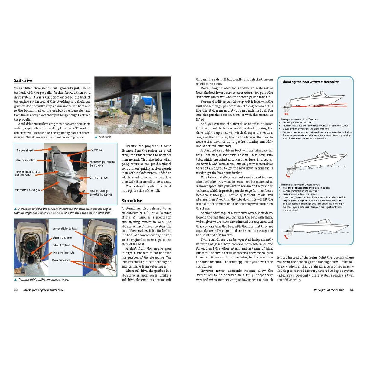 A two-page magazine spread explores sail and stern drives. The left page features the Adlard Coles' "Stress-Free Engine Maintenance," with photos and diagrams of engine parts and propeller installations. The right page includes a guide on boat trimming using an outdrive.