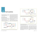 Page 44 of "Stress-Free Engine Maintenance" by Adlard Coles includes a labeled diagram of a boat's fuel system—engine, fuel tank, filter, injectors—and explains each part’s role in delivering fuel. It's ideal for troubleshooting engine maintenance.