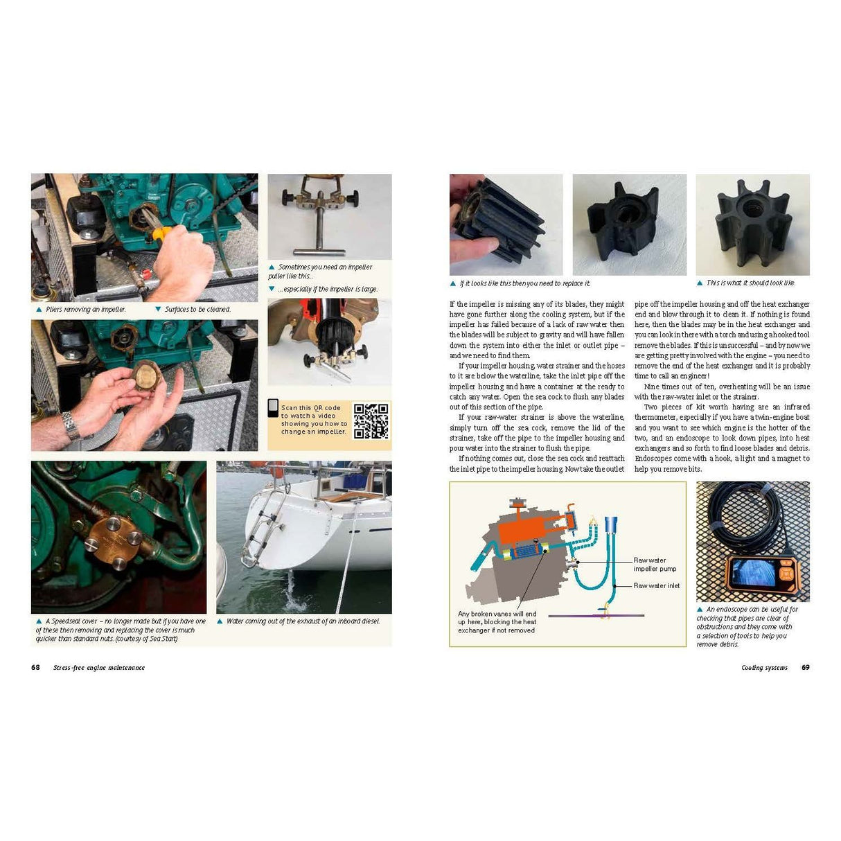 A spread in "Stress-Free Engine Maintenance" by Adlard Coles shows left-page images of a person with a propeller, a sheared shaft, zinc anode, and boat afloat. The right page offers engine part close-ups and a troubleshooting diagram for propeller installation.