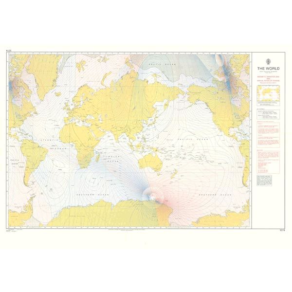 Product image of Admiralty Chart 5374 | The World - Magnetic Variation 2020 and Annual Rates of Change, featuring navigational markings, depth soundings, and coastal features, essential for safe marine navigation. It could be displayed as an art piece or used for navigation on a boat or ship.