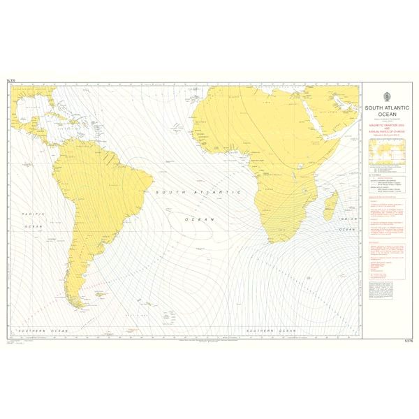 Product image of Admiralty Chart 5376 | South Atlantic Ocean - Magnetic Variation 2020 and Annual Rates of Change, featuring navigational markings, depth soundings, and coastal features, essential for safe marine navigation. It could be displayed as an art piece or used for navigation on a boat or ship.