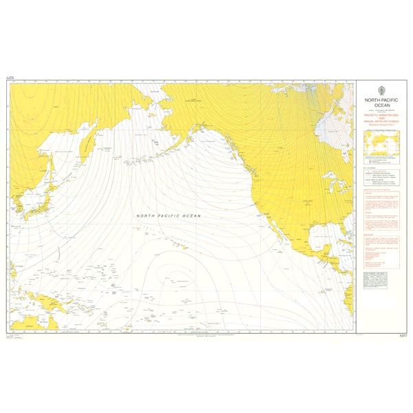 Product image of Admiralty Chart 5377 | North Pacific Ocean - Magnetic Variation 2020 and Annual Rates of Change, featuring navigational markings, depth soundings, and coastal features, essential for safe marine navigation. It could be displayed as an art piece or used for navigation on a boat or ship.