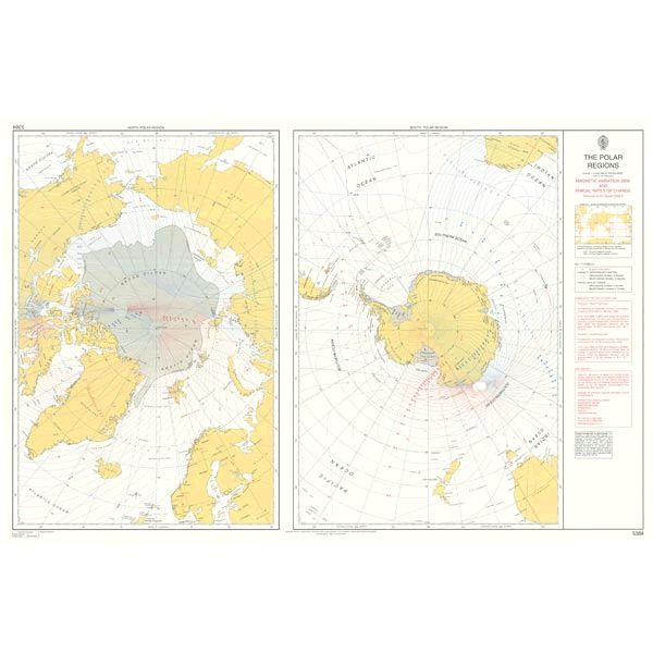 Product image of Admiralty Chart 5384 | The Polar Regions - Magnetic Variation 2020 and Annual Rates of Change, featuring navigational markings, depth soundings, and coastal features, essential for safe marine navigation. It could be displayed as an art piece or used for navigation on a boat or ship.