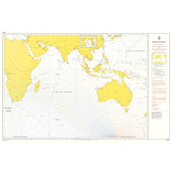 Product image of Admiralty Chart 5385 | Indian Ocean - Magnetic Variation 2020 and Annual Rates of Change, featuring navigational markings, depth soundings, and coastal features, essential for safe marine navigation. It could be displayed as an art piece or used for navigation on a boat or ship.