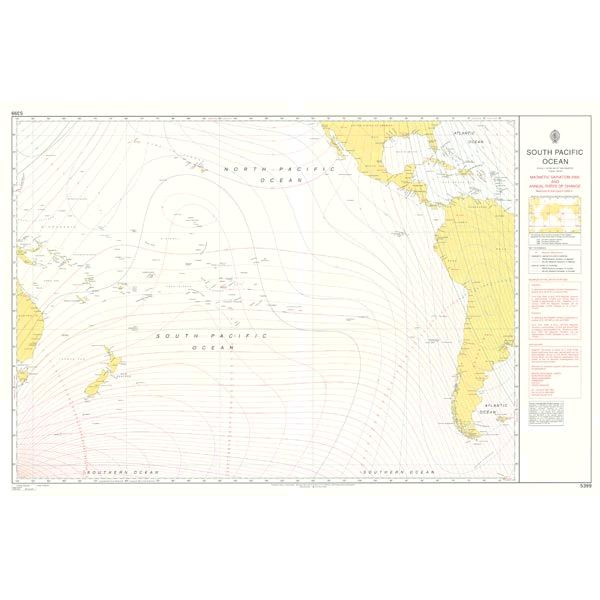 Product image of Admiralty Chart 5399 | South Pacific Ocean - Magnetic Variation 2020 and Annual Rates of Change, featuring navigational markings, depth soundings, and coastal features, essential for safe marine navigation. It could be displayed as an art piece or used for navigation on a boat or ship.