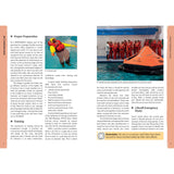 Two pages from Adlard Coles' "The Liferaft Survival Guide" show "Proper Preparation" and "Training," with images of a person in a flotation device. On the right, it details liferafts and maritime emergency practice near a lifeboat in a pool.