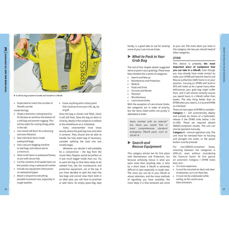 A person fills an Express bag with multiple compartments, referencing The Liferaft Survival Guide by Adlard Coles. The guide's busy layout with text blocks and images offers advice on emergency packing, including grab bags and rescue equipment.