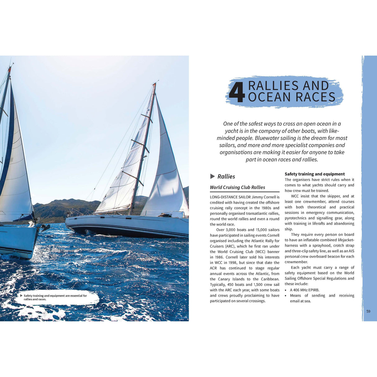 The Liferaft Survival Guide by Adlard Coles explores open ocean rallies and offers insights on safety, equipment, and survival techniques from World Cruising Club experiences, highlighting maritime emergency preparedness as two sailboats navigate in open waters under a clear sky.