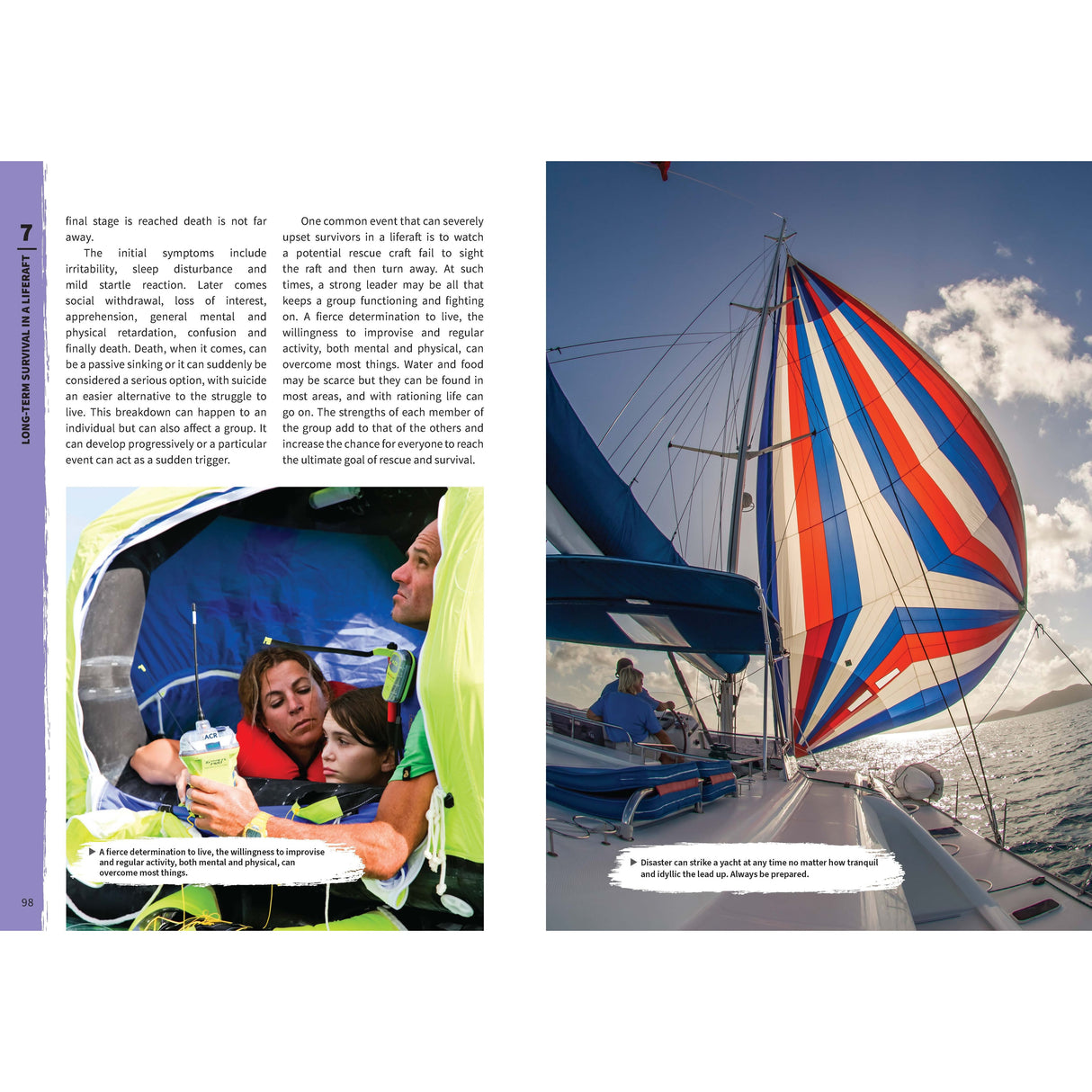 Left page: A kiteboarding instructor, an expert in survival techniques, uses a handheld device to measure wind conditions while relaxing on a yacht's deck. Right page: As the sun sets over the ocean, "The Liferaft Survival Guide" by Adlard Coles is seen beside a large red, white, and blue sail unfurling on a sailboat—highlighting maritime emergencies awaiting at sea.