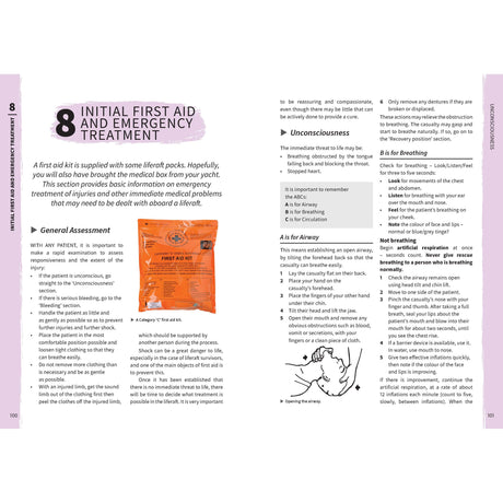 The Liferaft Survival Guide by Adlard Coles includes a first aid instructional page with tips on maritime emergency treatment. It covers general assessment, treating unconsciousness, and airway emergencies, featuring a first aid kit image and bullet-pointed instructions.