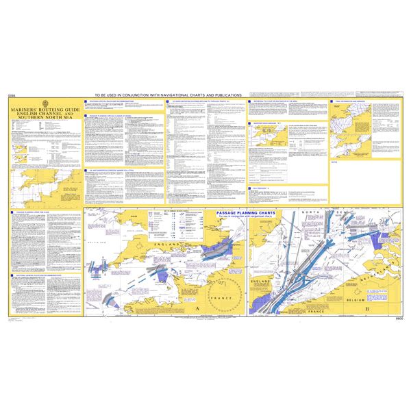 Product image of Admiralty Chart 5500 | Mariners' Routeing Guide - English Channel and Dover Strait, featuring navigational markings, depth soundings, and coastal features, essential for safe marine navigation. It could be displayed as an art piece or used for navigation on a boat or ship.