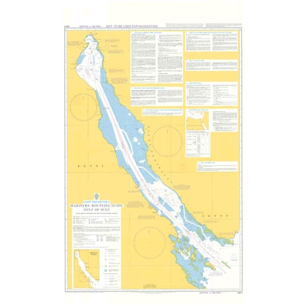 Product image of Admiralty Chart 5501 | Mariners' Routeing Guide - Gulf of Suez, featuring navigational markings, depth soundings, and coastal features, essential for safe marine navigation. It could be displayed as an art piece or used for navigation on a boat or ship.