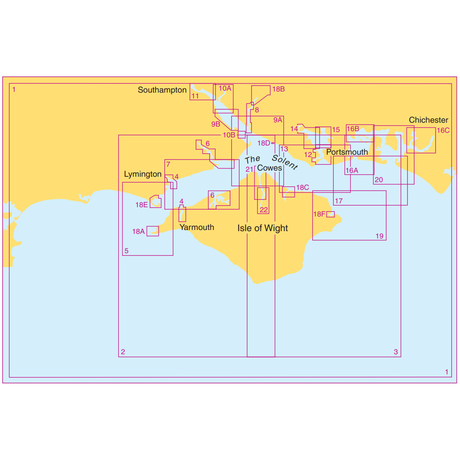 A detailed navigational map, titled "Admiralty Small Craft Charts - 5600 - The Solent and Approaches," highlights the Solent and surrounding areas, including Southampton, Portsmouth, and the Isle of Wight. This Admiralty chart is divided into sections with labels and coordinate grids, indicating various locations and navigational points for coastal navigation.