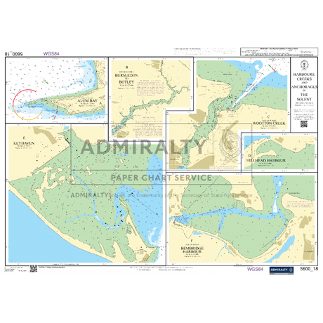 The *Admiralty Small Craft Chart 5600_18: Harbours, Creeks and Anchorages in the Solent* highlights Admiralty anchorages in the Solent, offering detailed coastal navigation information. It features labeled creeks and harbors, such as Buckler's Hard and Wootton Creek, alongside geographic coordinates, making it essential for maritime adventures.